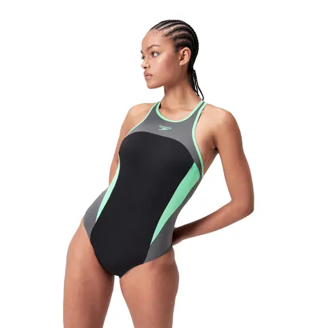 High Neck Splice Crossback Badedrakt Speedo | Svart/Gr&#248;nn | Endurance+ MAX